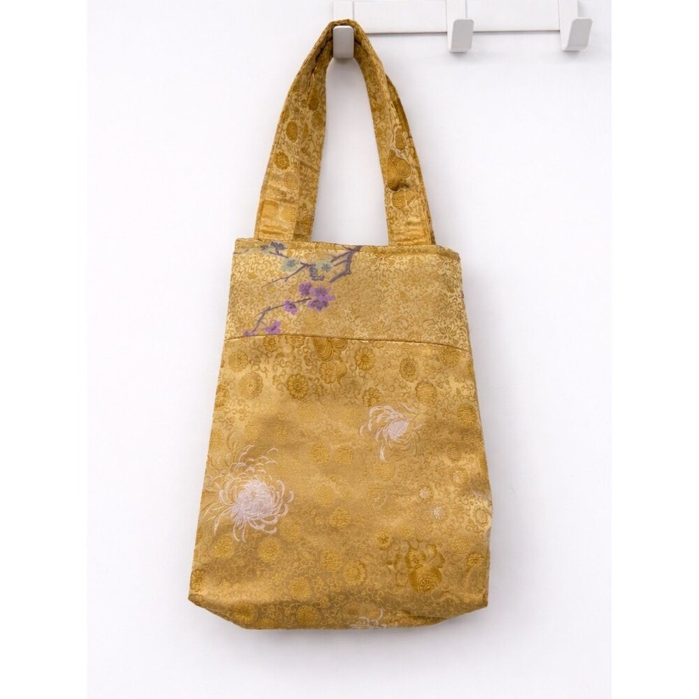 Unbranded Gold Brocade Floral Tote Bag Satin Small Purse Elegant